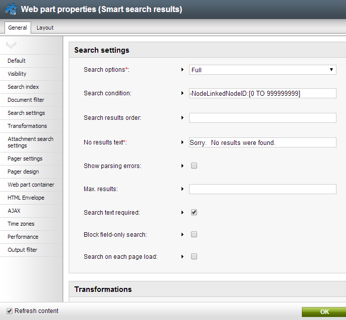Kentico Smart Search Results Web Part Settings Dialog